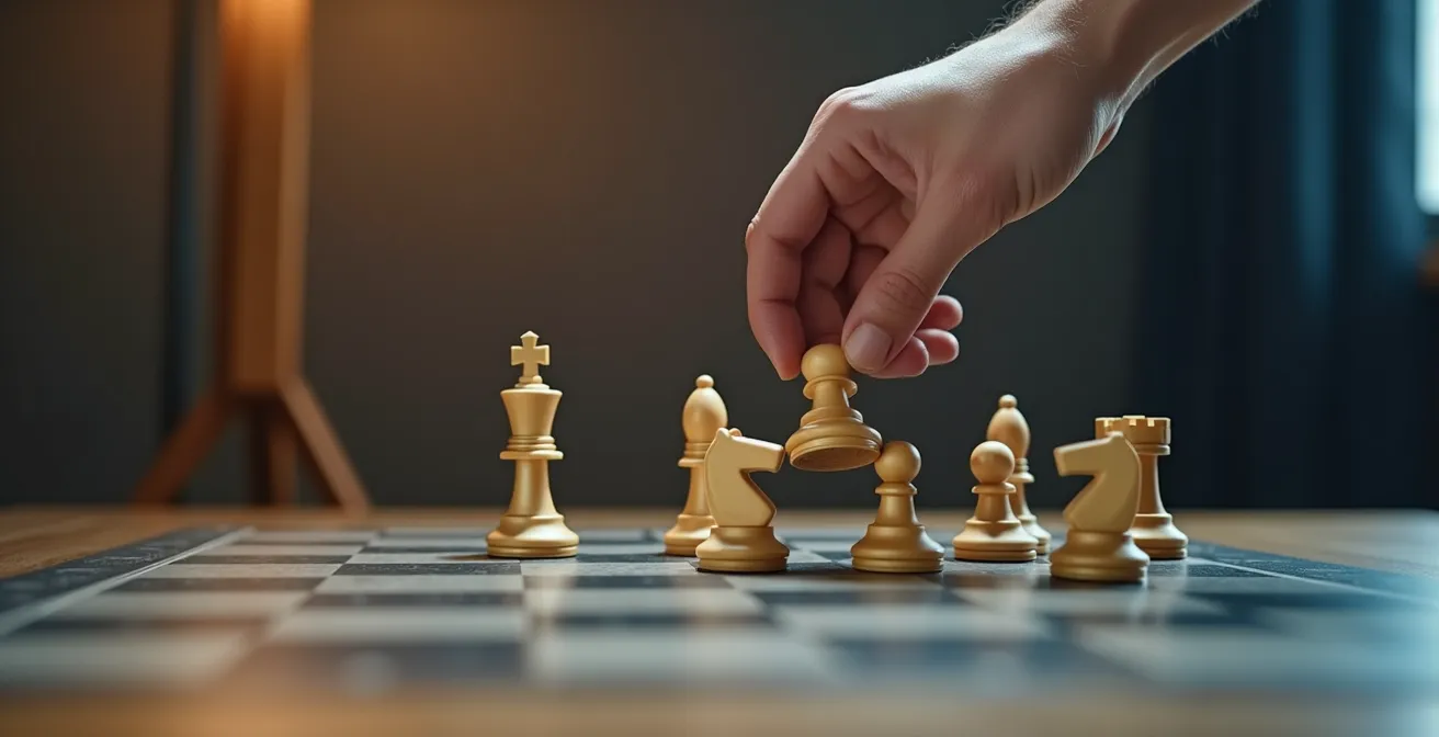 Metaphore visuelle d’un bureau avec une main orchestrant des pièces d’échiquier symbolisant la coordination événementielle