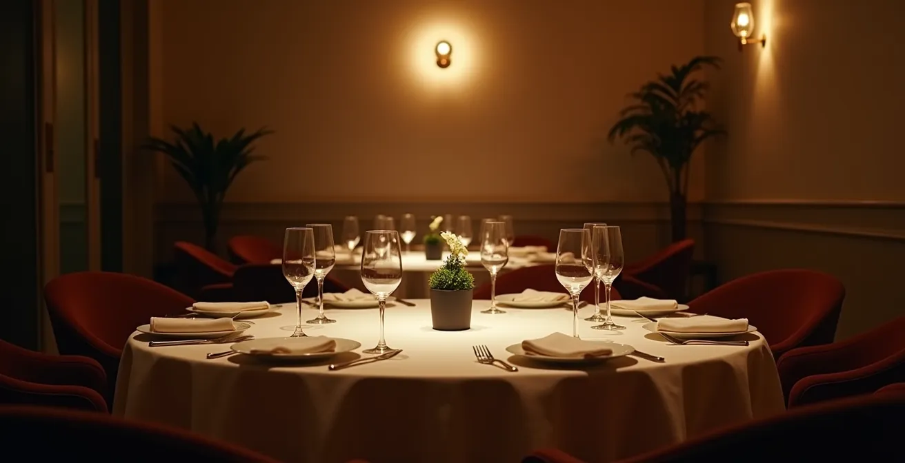 Vue large d’une salle de restaurant privatisée avec ambiance raffinée et lumière tamisée, captant une atmosphère intimiste