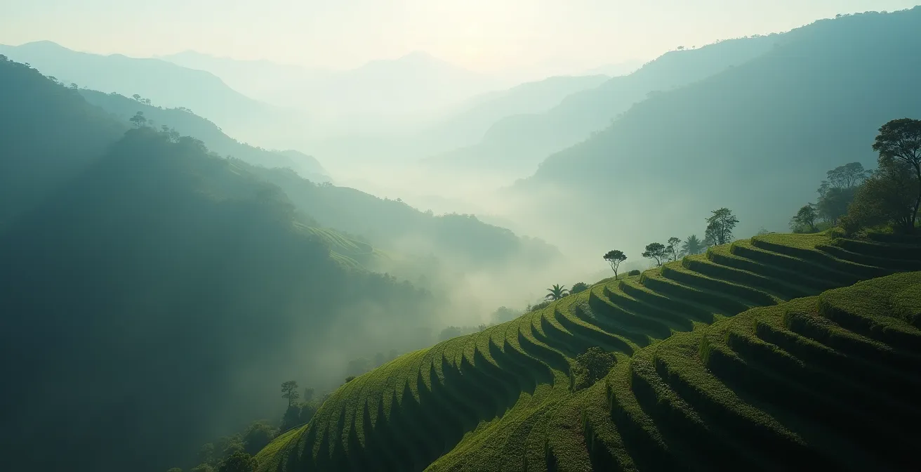 Vue aérienne de plantations de café en terrasses dans la brume matinale