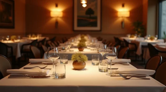 Scène photo-réaliste d'un restaurant élégant privatisé pour un événement, montrant une table dressée avec soin dans une ambiance chaleureuse et lumineuse, sans texte ni logos visibles
