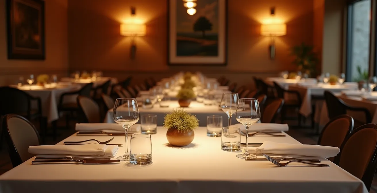 Scène photo-réaliste d'un restaurant élégant privatisé pour un événement, montrant une table dressée avec soin dans une ambiance chaleureuse et lumineuse, sans texte ni logos visibles