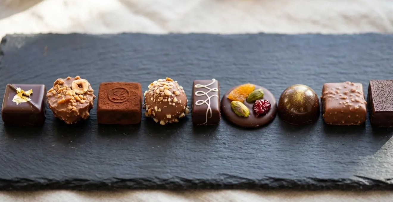 Huit chocolats fins français alignés sur ardoise noire, révélant diversité de textures et couleurs : ganaches brillantes, pralinés granuleux, palets cacaotés, mendiants ornés