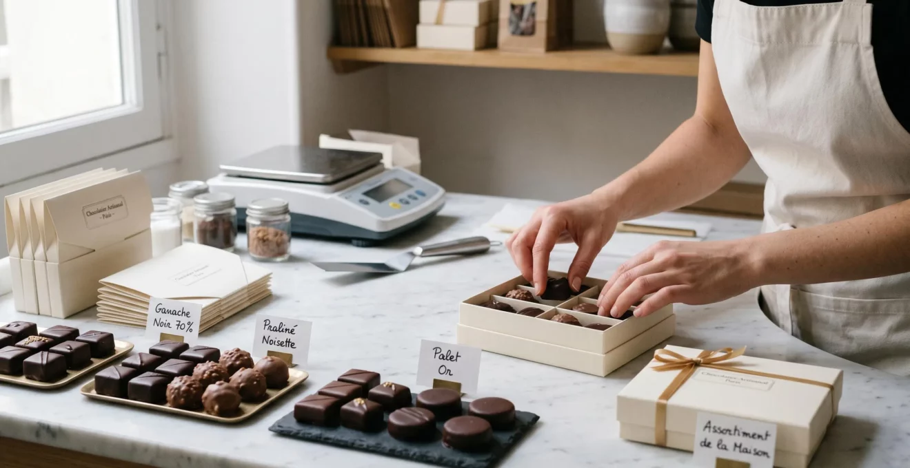 Mains d'artisan chocolatier sélectionnant des chocolats fins sur table de marbre blanc dans atelier parisien, avec outils professionnels et coffrets vides