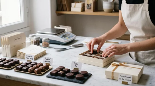 Mains d'artisan chocolatier sélectionnant des chocolats fins sur table de marbre blanc dans atelier parisien, avec outils professionnels et coffrets vides