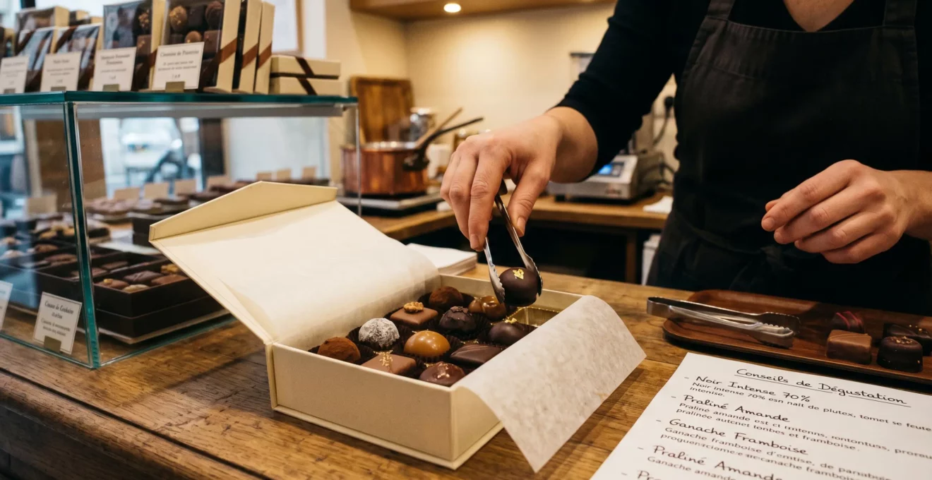 Mains plaçant dernier chocolat dans coffret élégant ouvert sur comptoir chocolaterie, avec fiche conseil manuscrite et pince de service en inox